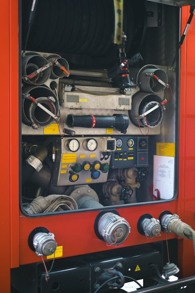 Detailed shot of a fire truck's equipment panel with hoses and gauges.