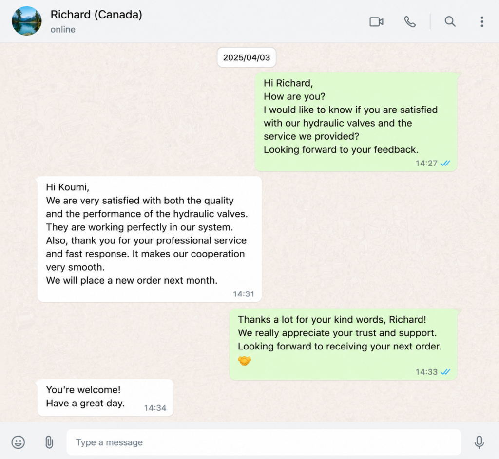 Customer feedback from Xiangyi Hydraulic