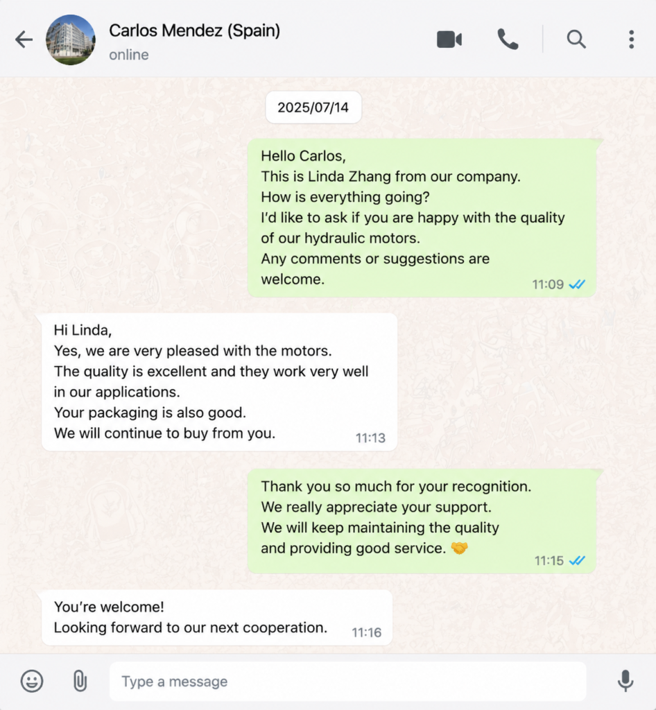 Customer feedback from Xiangyi Hydraulic