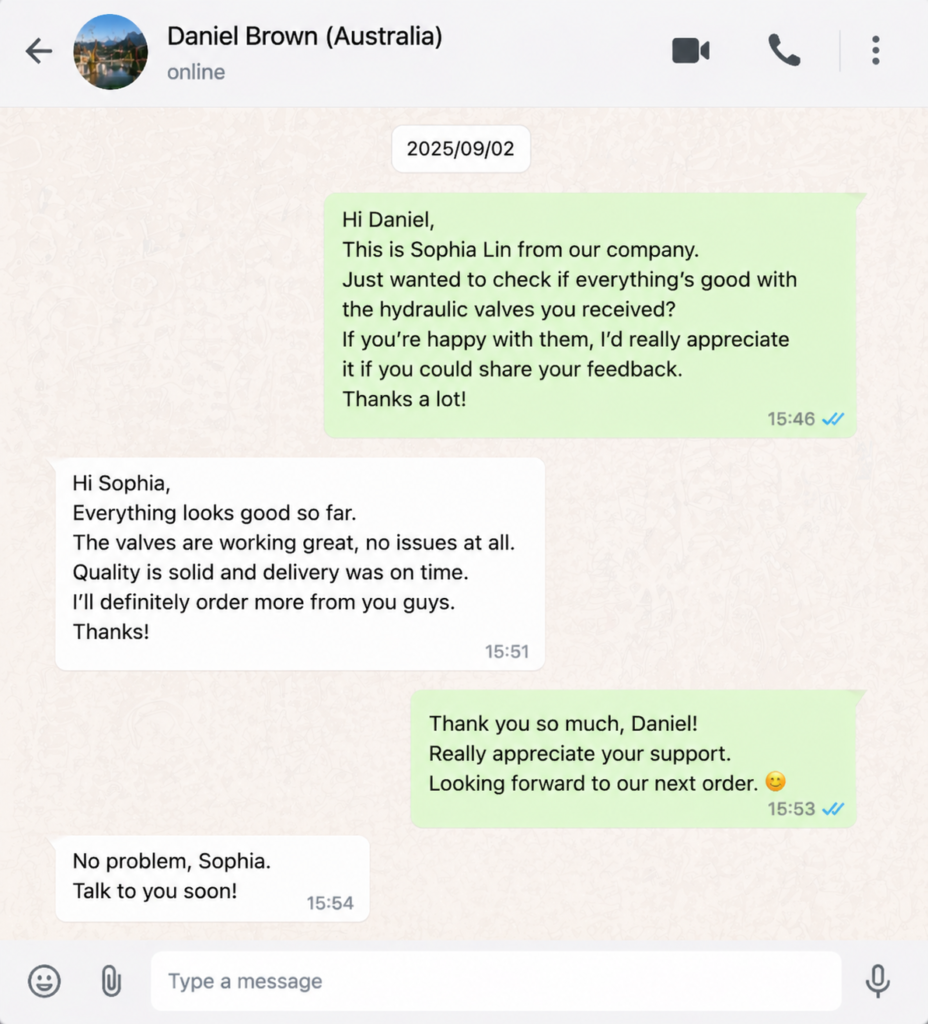 Customer feedback from Xiangyi Hydraulic